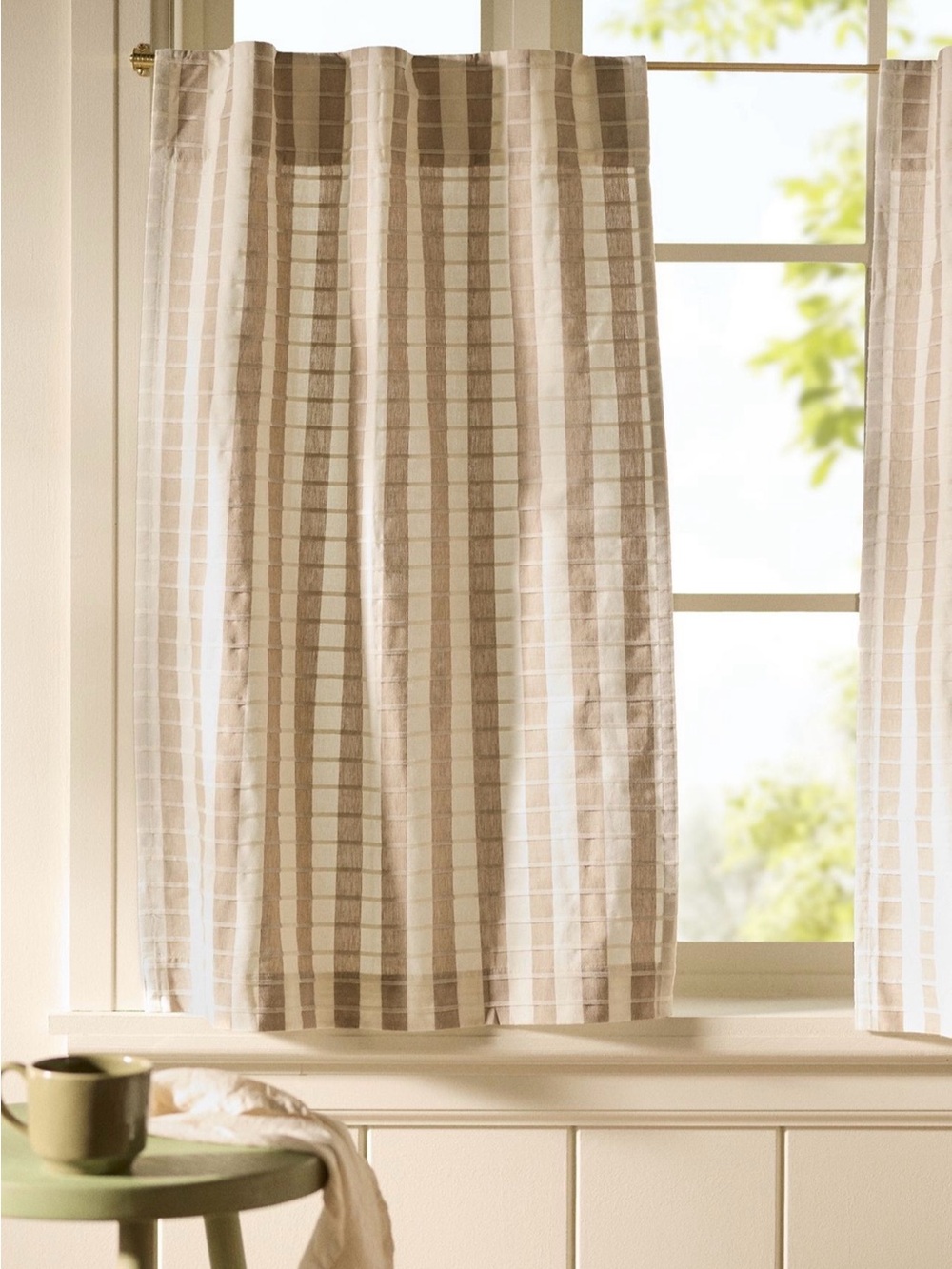 Anthropologie Cotton Woven Stripe Café Curtains, Set of 2, Taupe